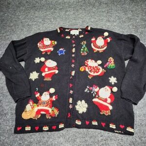 Carly St Claire VTG Christmas Cardigan Sweater Santa Embroidery Beaded Medium